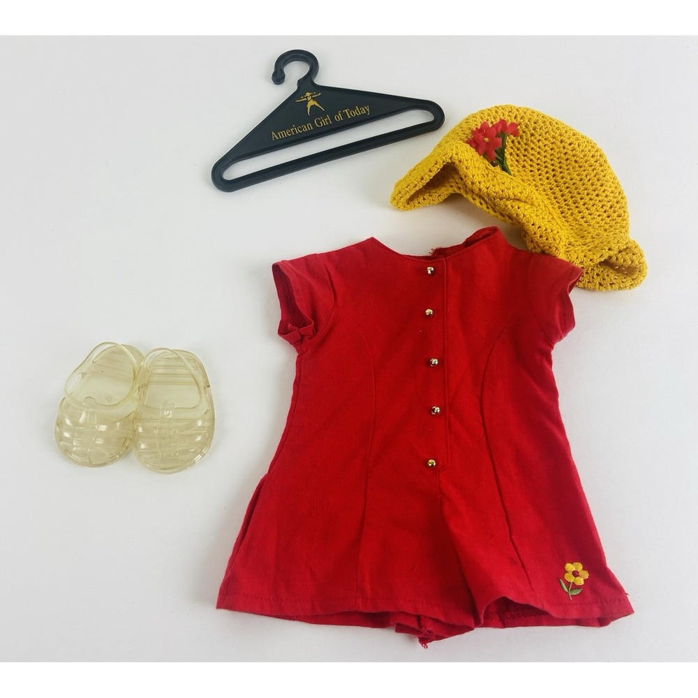 American Girl of Today Red Culotte Dress Yellow Crochet Hat Jelly Sandals Vintag